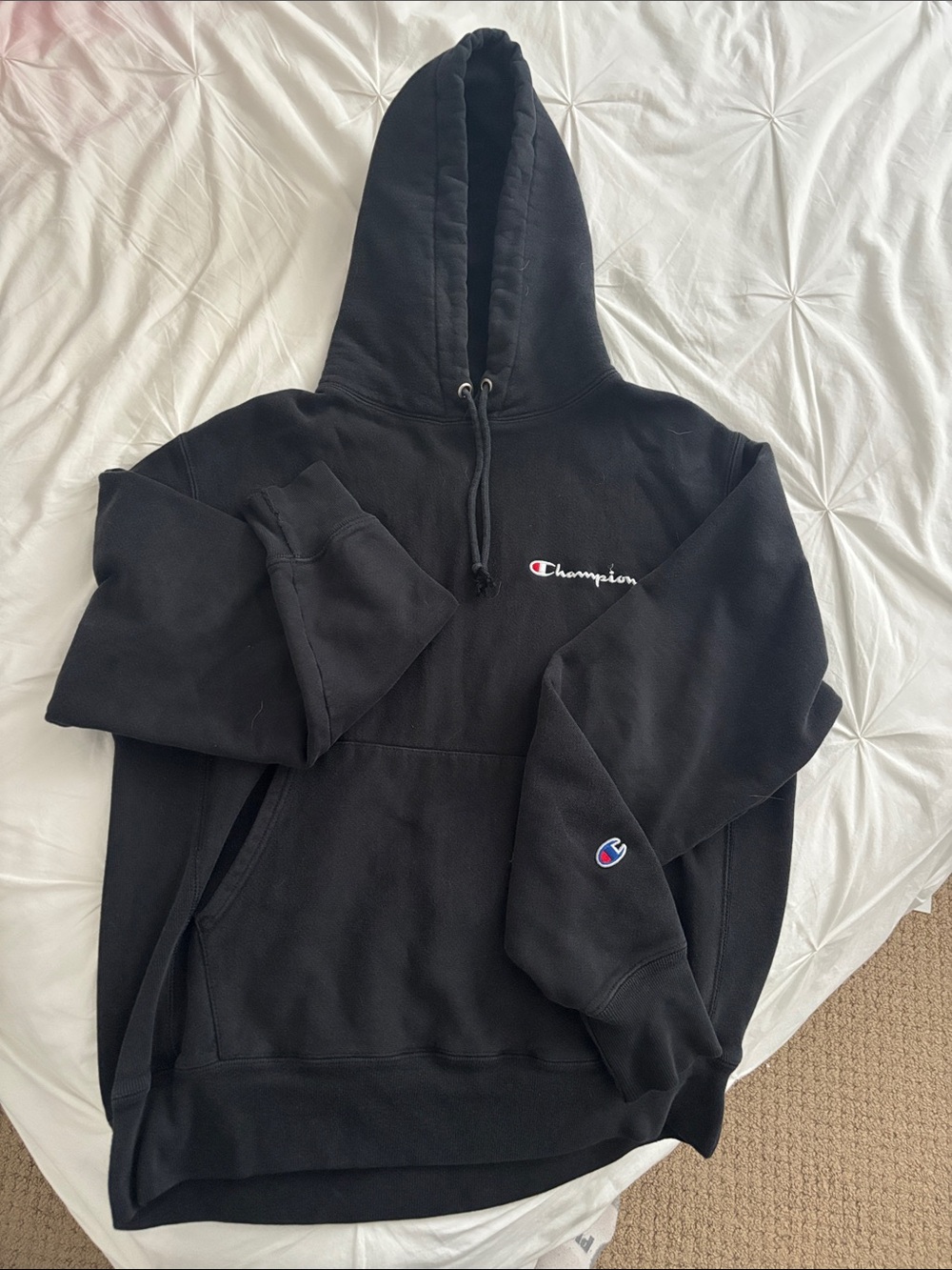 Champion Black Hoodie with Script Logo and C Patch